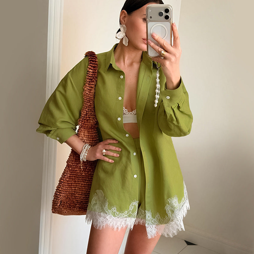 Retro Design Women Long Sleeve Collared Lace Stitching Shirt Shorts Casual Two Piece Sets Bella Mia