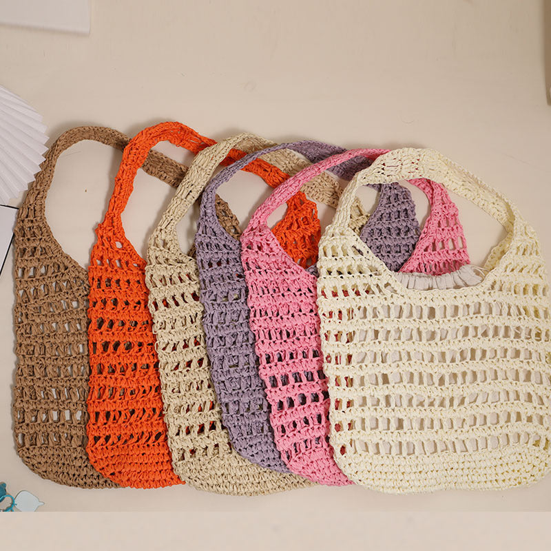 French Large Capacity Shoulder Straw Bag Hollow Out Cutout Tote Portable Straw Bag Woven Bag Seaside Vacation Beach Bag Bella Mia