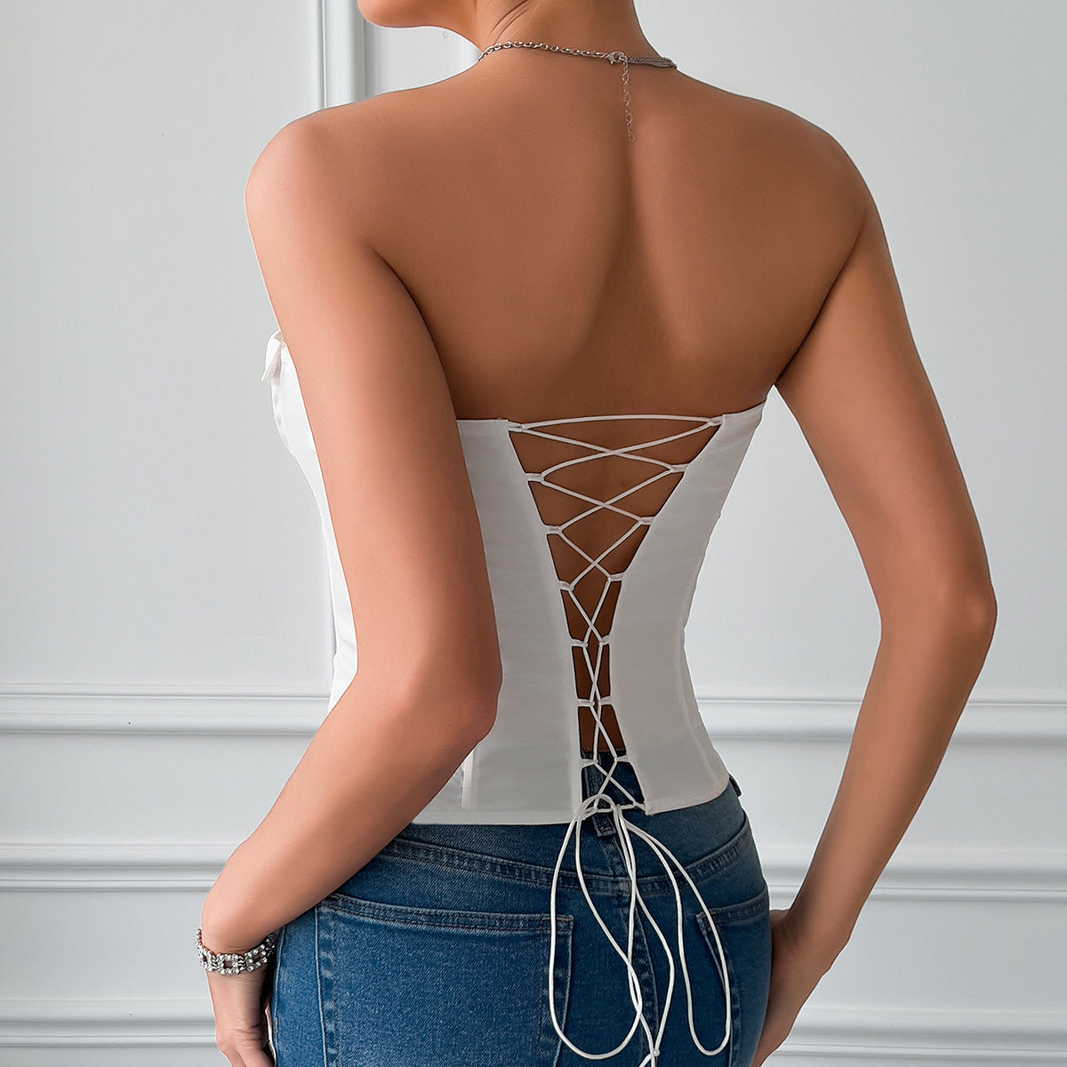 Sexy Low Cut Business Satin Tie Solid Color Boning Corset Lace up Steel Ring Top Bella Mia