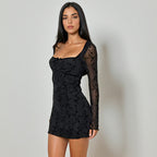 Peach Collar Waist See through Dress Autumn Sexy Long Sleeve Hip Dress Bella Mia