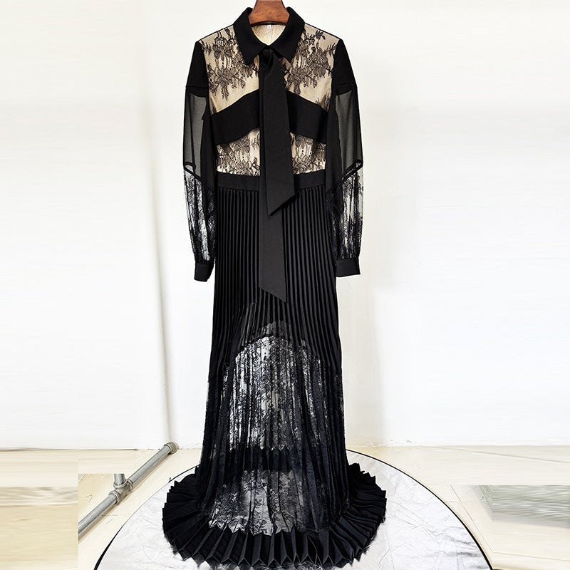 Spring Summer Star Lace Stitching Pleated Maxi Dress Floor Length Dress