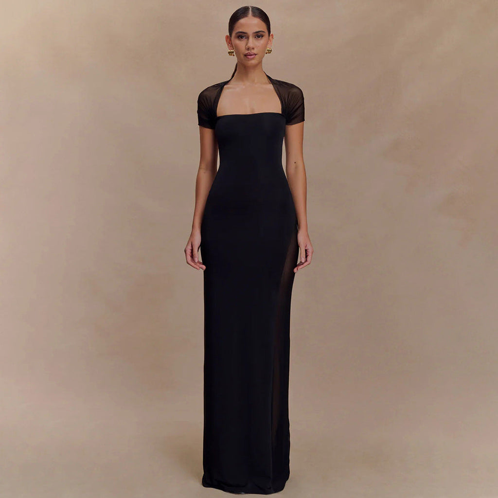 Summer Sexy Tight Waist See through Maxi Dress Elegant Shoulder Baring Solid Color Dress Women Clothing Bella Mia