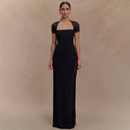 Summer Sexy Tight Waist See through Maxi Dress Elegant Shoulder Baring Solid Color Dress Women Clothing Bella Mia