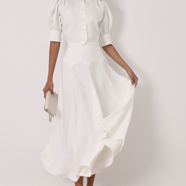 Women Clothing Satin High Grade Skirt Set round Neck Short Sleeve Cardigan Top Elegant Two Piece Set Bella Mia