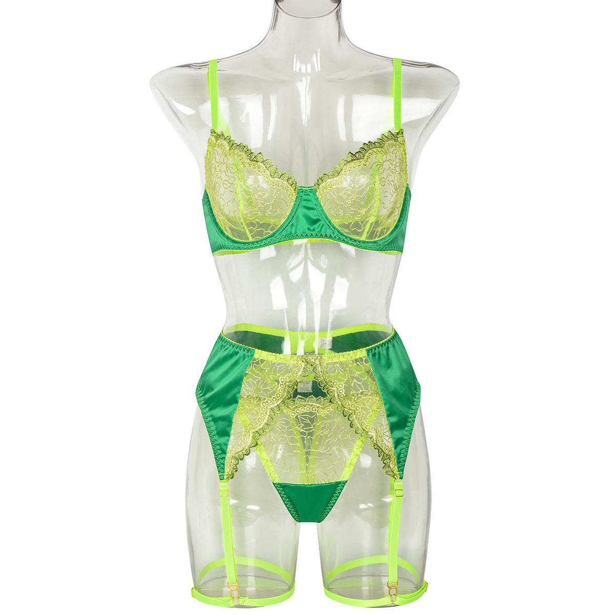 Sexy Floral Embroidery Satin Color Contrast Patchwork See through Sexy Three Piece Set Bella Mia