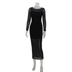 Women round Neck Long Sleeve Slim Fit Figure Flattering Dress Sexy Mesh Stitching Red Carpet Dress Bella Mia