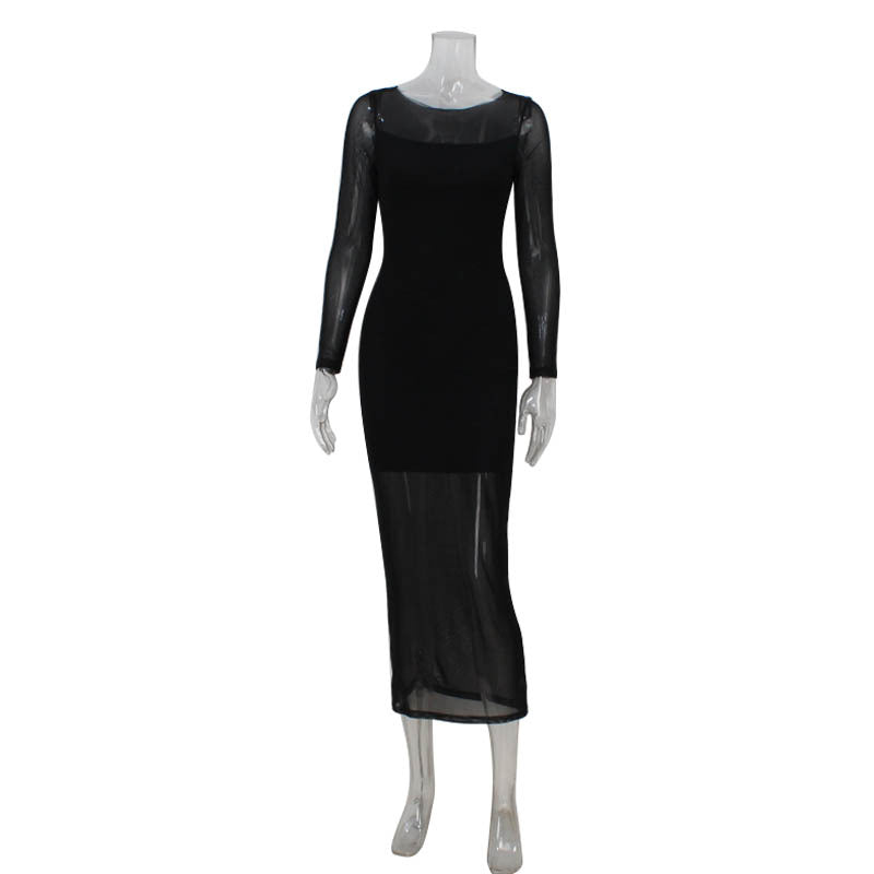Women round Neck Long Sleeve Slim Fit Figure Flattering Dress Sexy Mesh Stitching Red Carpet Dress Bella Mia