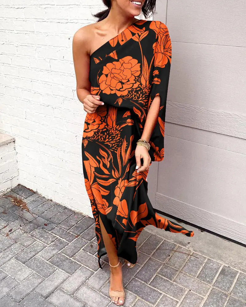 Women Clothing Dress Sexy Oblique Shoulder Elegant Single Side Sleeve Dress for Women Bella Mia