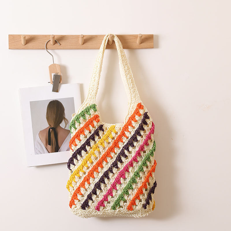 Colorful Striped Shoulder Straw Bag Hollow Out Cutout Woven Bag Vacation Beach Bag Casual Women Bag Bella Mia