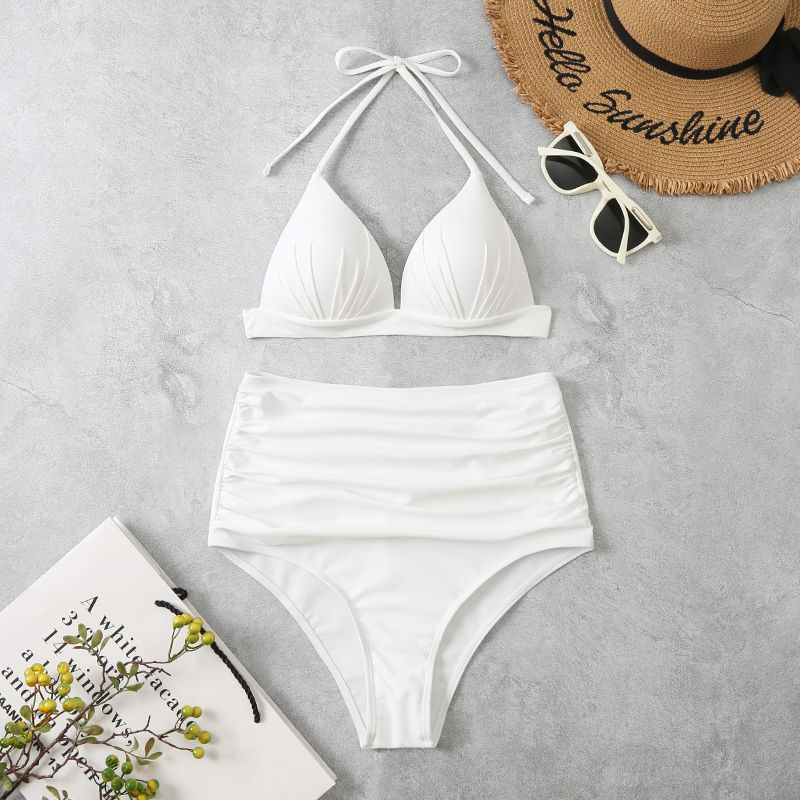 Solid Color Bikini Lace up Triangle Sexy Split Swimsuit Pleated Swimsuit Women Bella Mia