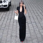 Winter Women Clothing Sexy Deep V Plunge Short Sleeve Solid Color Sexy Pleated Maxi Dress Bella Mia