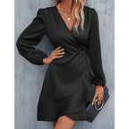 V neck Dress Satin Waist Tight Low Cut Casual Midi Dress Sweet Women Clothing Bella Mia