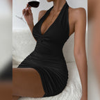 Summer New Women Clothing V-neck Halter Backless off-Shoulder Sexy Minimalist Pleated Dress Bella Mia