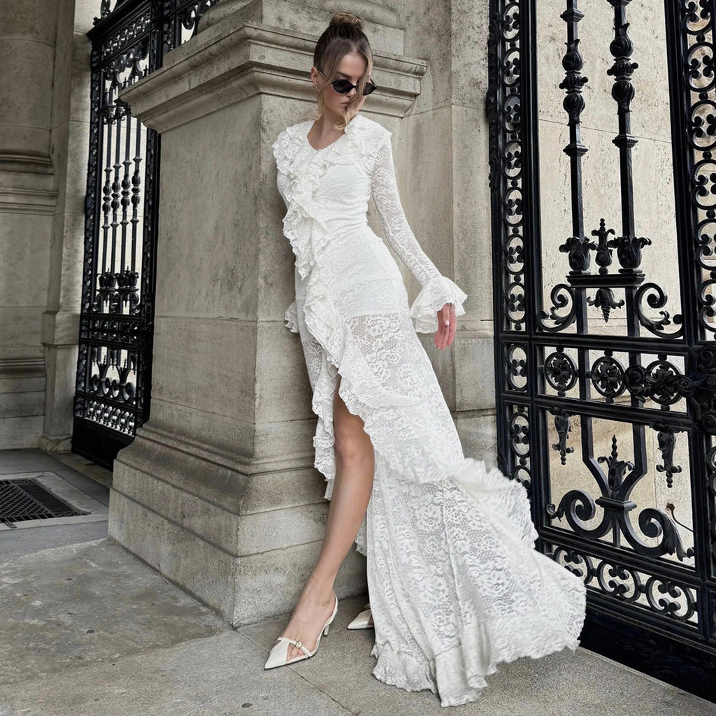 Fall Women Clothing Solid Color Sexy Cutout round Neck Irregular Asymmetric Bell Sleeve Dress Women Bella Mia