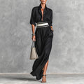 Women Clothing Draping Effect High Slit Maxi Dress Lapels Single Breasted Long Sleeve Dress