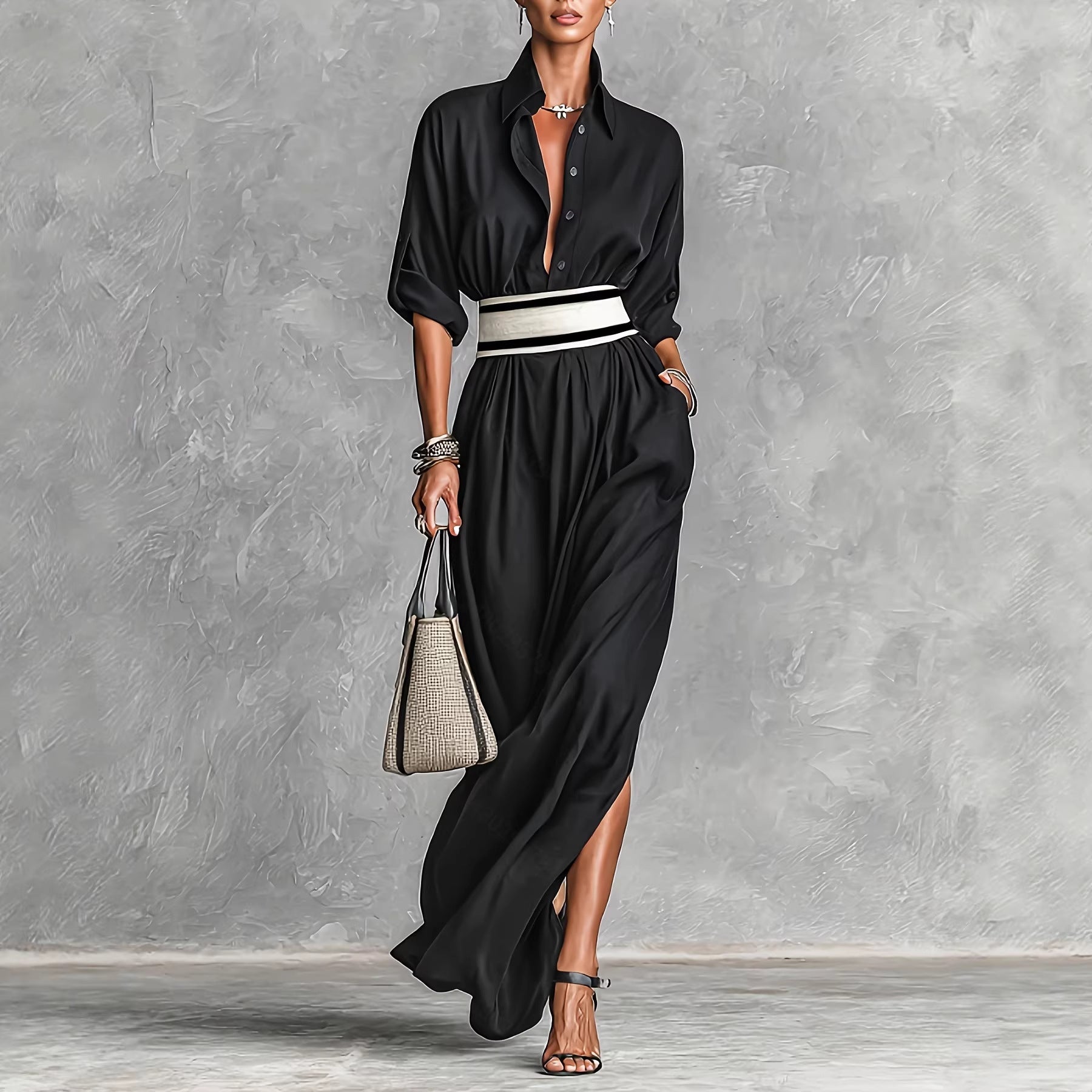 Women Clothing Draping Effect High Slit Maxi Dress Lapels Single Breasted Long Sleeve Dress