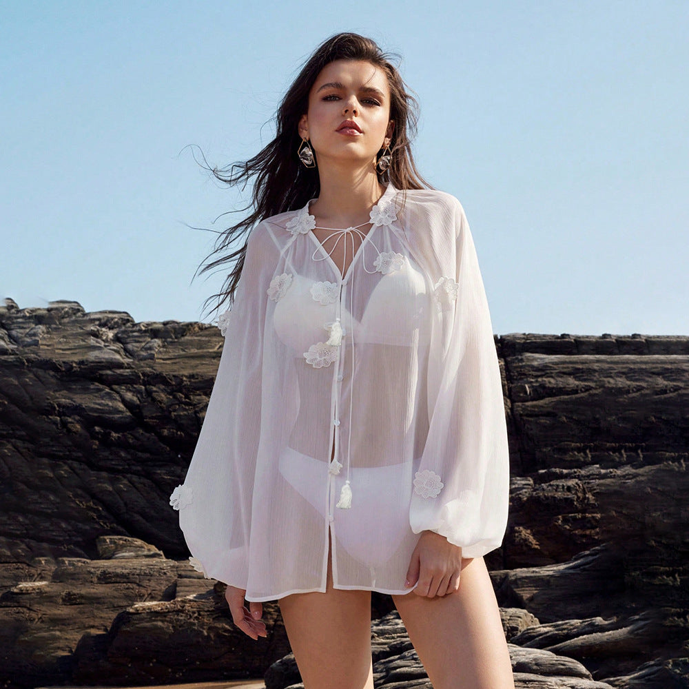 Solid Color Sexy See through Chiffon Beach Cover up Bikini Swimsuit Beach Shirt Women Bella Mia