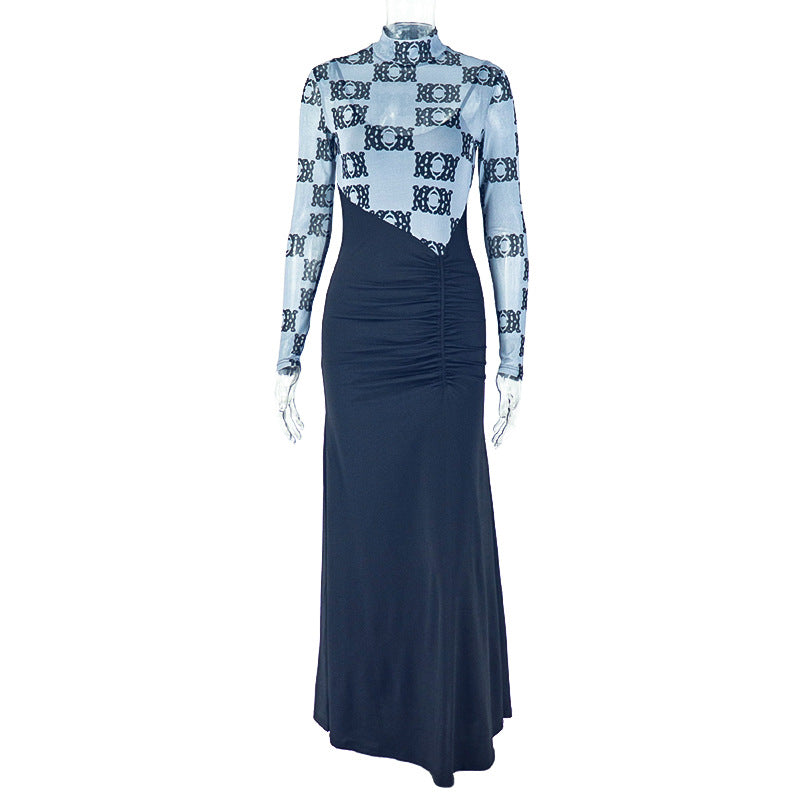 Stitching Women Pleated Slim Hip Micro Transparent Stand Collar Long Sleeve Faux Two Pieces Maxi Dress Bella Mia