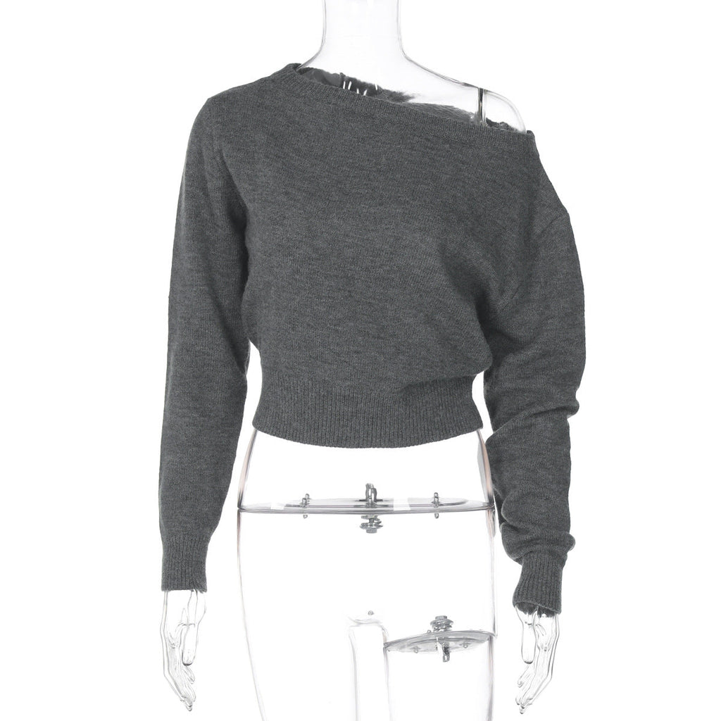 Women Clothing Summer Simple Elegant Slim Fit Sexy Cropped Diagonal Collar Long Sleeve Top Bella Mia
