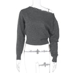 Women Clothing Summer Simple Elegant Slim Fit Sexy Cropped Diagonal Collar Long Sleeve Top Bella Mia