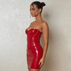 Leather Tube Top Package Hip Dress Autumn Sexy Backless Waist Trimming Off Neck Women Dress Bella Mia