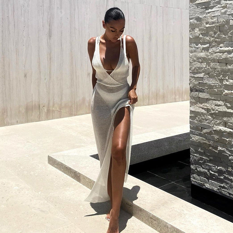 Sexy V neck Backless Lace up See through Beach Dress Bikini Smock Dress Strap Dress for Women Crochet hook Crochet hook Crochet hook Bella Mia