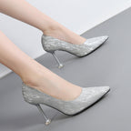 Korean Cocktail High Heels Metal Heel High Heel Low Cut Pointed Shining Sequin Cloth Pumps Bella Mia