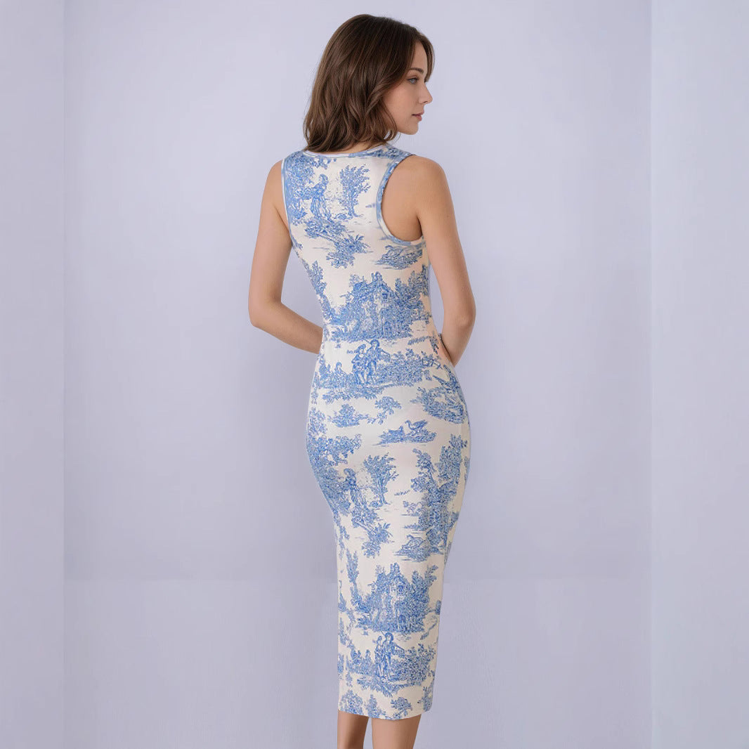 Summer Fresh Maxi Dress Square Collar Slimming Side Slit Sling Dress