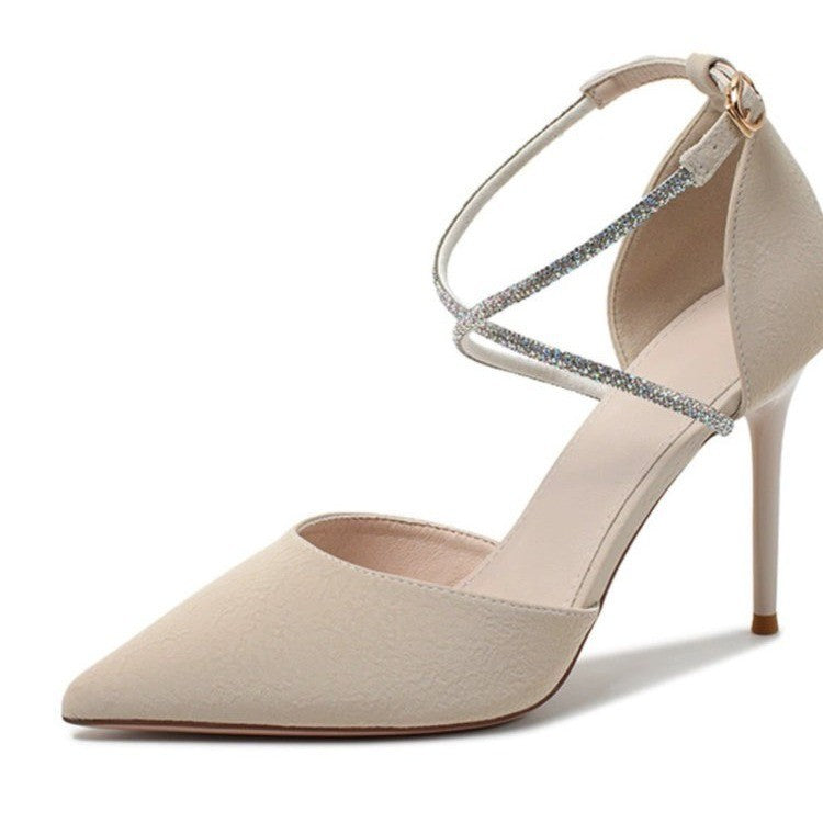 Pointed Stiletto Heel Side Empty Shoes Women Rhinestone Closed Toe Buckle High Heeled Sandals Bella Mia