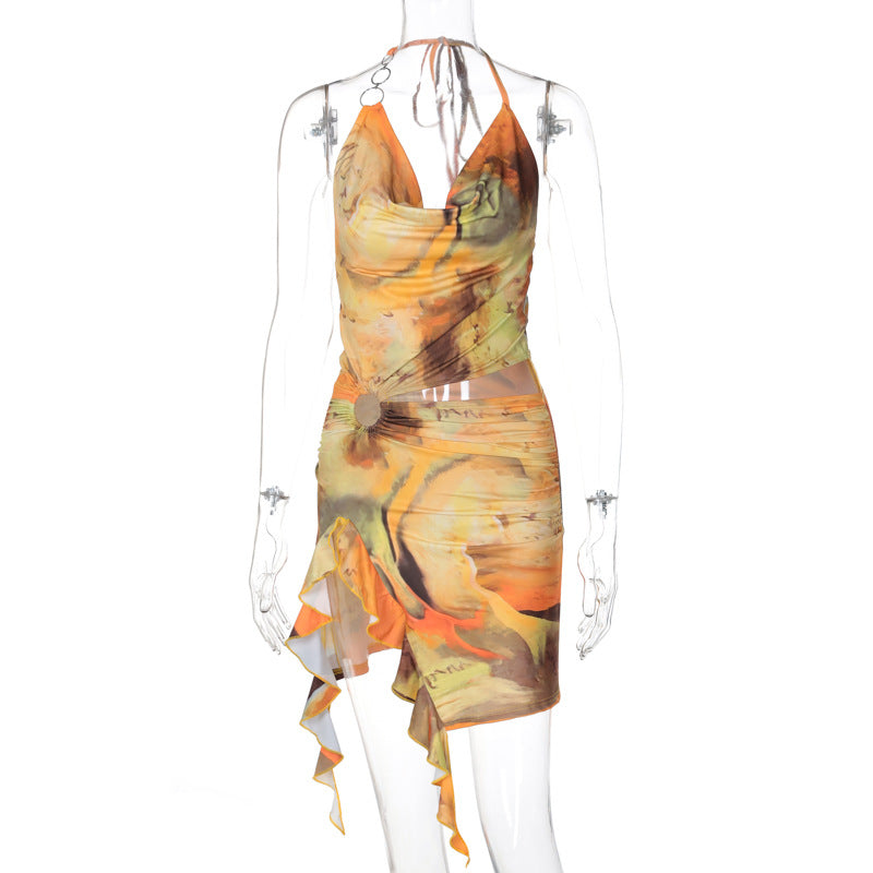 Women Clothing Summer Printing Sexy Backless Lace up Dress Bella Mia