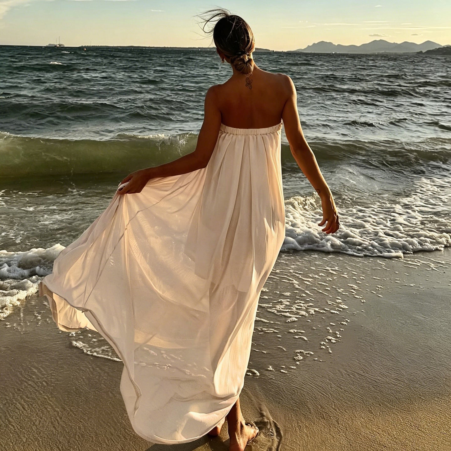 Summer Elegant Lazy Loose Drooping Tube Top Dress Seaside Vacation Large Swing Dress