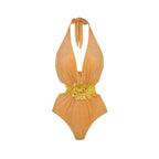Golden Bright Surface One Piece Swimsuit Women Halter Deep V Plunge Strap Simple Sexy Bella Mia