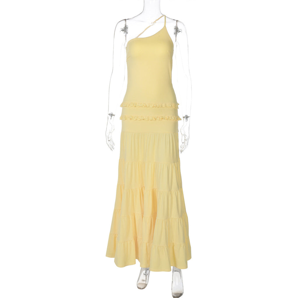 Sexy Hollow Out Cutout out Backless Stitching Tied One Shoulder Pleated Multi Layer Maxi Dress Women Bella Mia