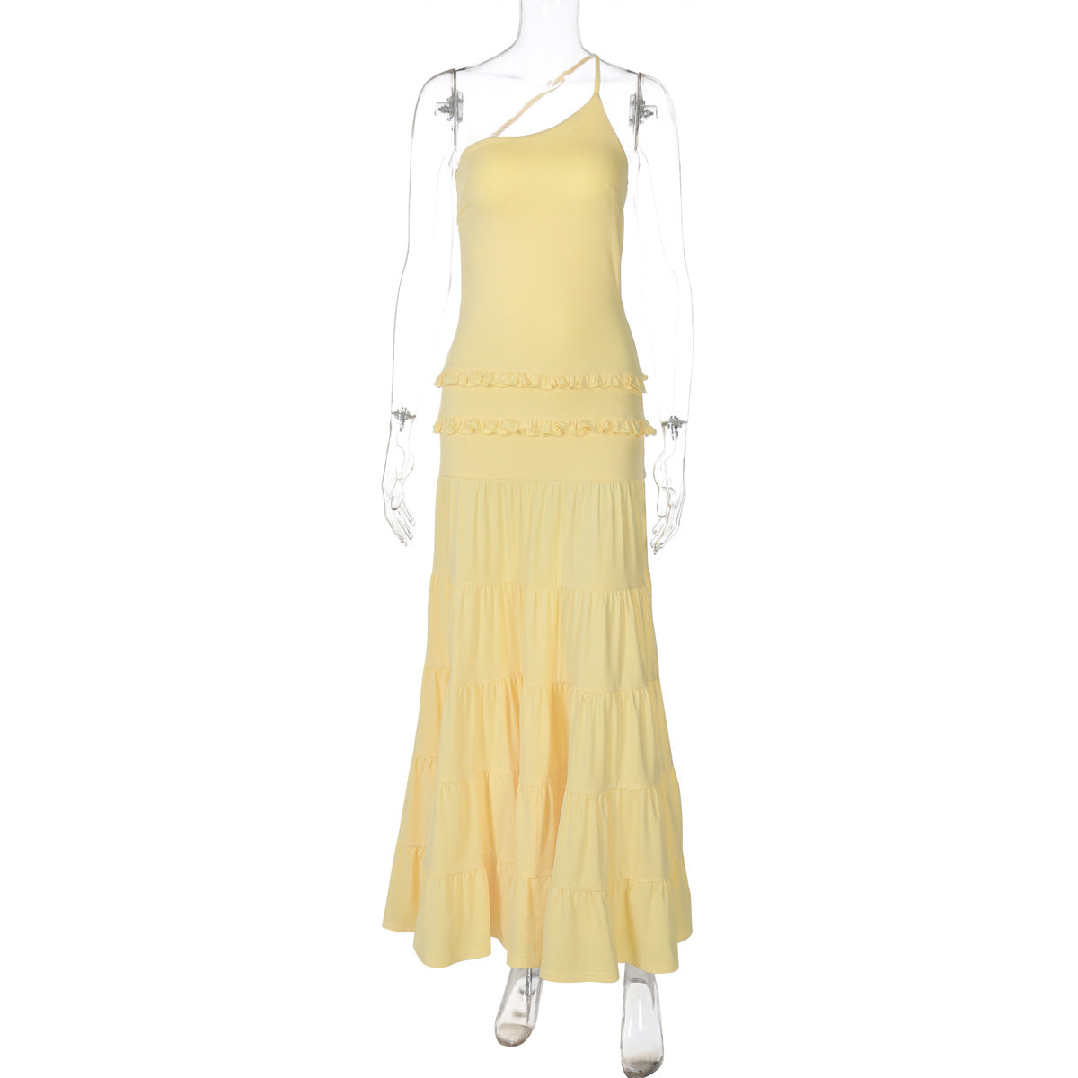 Sexy Hollow Out Cutout out Backless Stitching Tied One Shoulder Pleated Multi Layer Maxi Dress Women Bella Mia