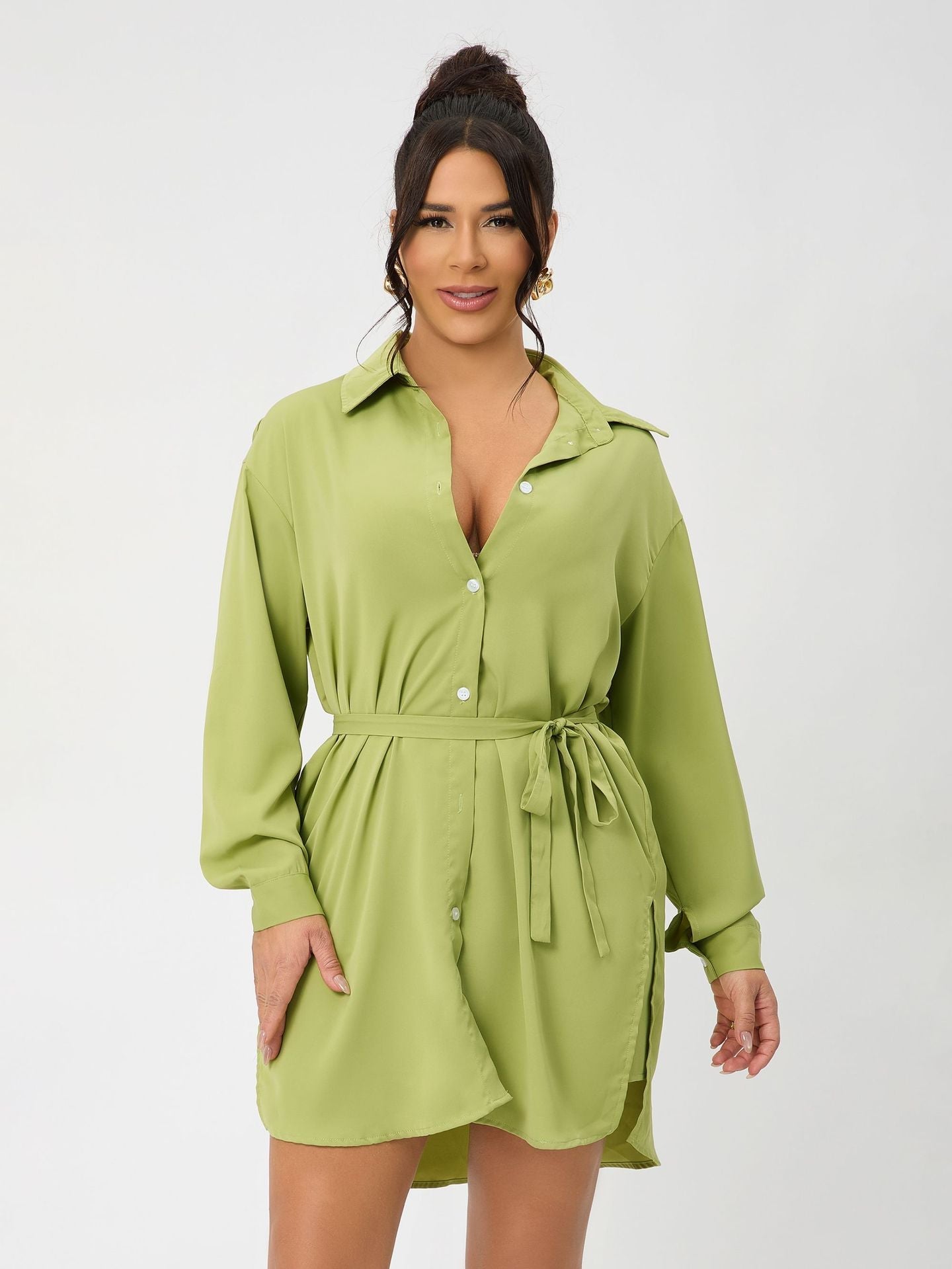 Casual Long Sleeve Women Clothing Long Shirt Collar Belt Two Piece Shorts Sets Women Spring Bella Mia