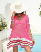 Beach Dress Women Clothing Deep V Plunge Sexy Sheer Cutout Woven Color Contrast Patchwork Beach Cover Up Bella Mia