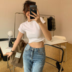 White T shirt Women Shoulder Short Sleeve Slimming round Neck Cotton Bandage Dress Bottoming Top Bella Mia