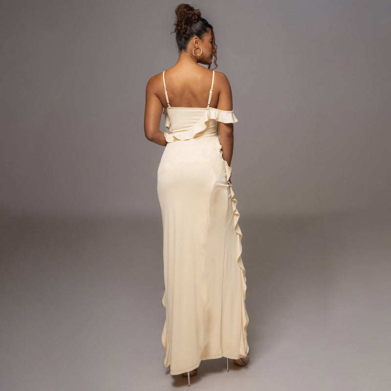 Spring Sexy Solid Color Backless Slit Splicing Sling Maxi Dress Bella Mia