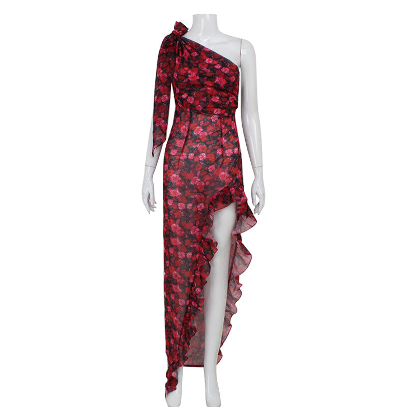 Women Diagonal Collar Ruffled Floral Print Dress Waist Tight Irregular Asymmetric Maxi Dress Bella Mia