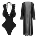 Pure Black One Piece Swimsuit Women Overall Two Piece Set Lace up Deep V Plunge Sexy Swimsuit Bella Mia