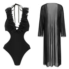 Pure Black One Piece Swimsuit Women Overall Two Piece Set Lace up Deep V Plunge Sexy Swimsuit Bella Mia
