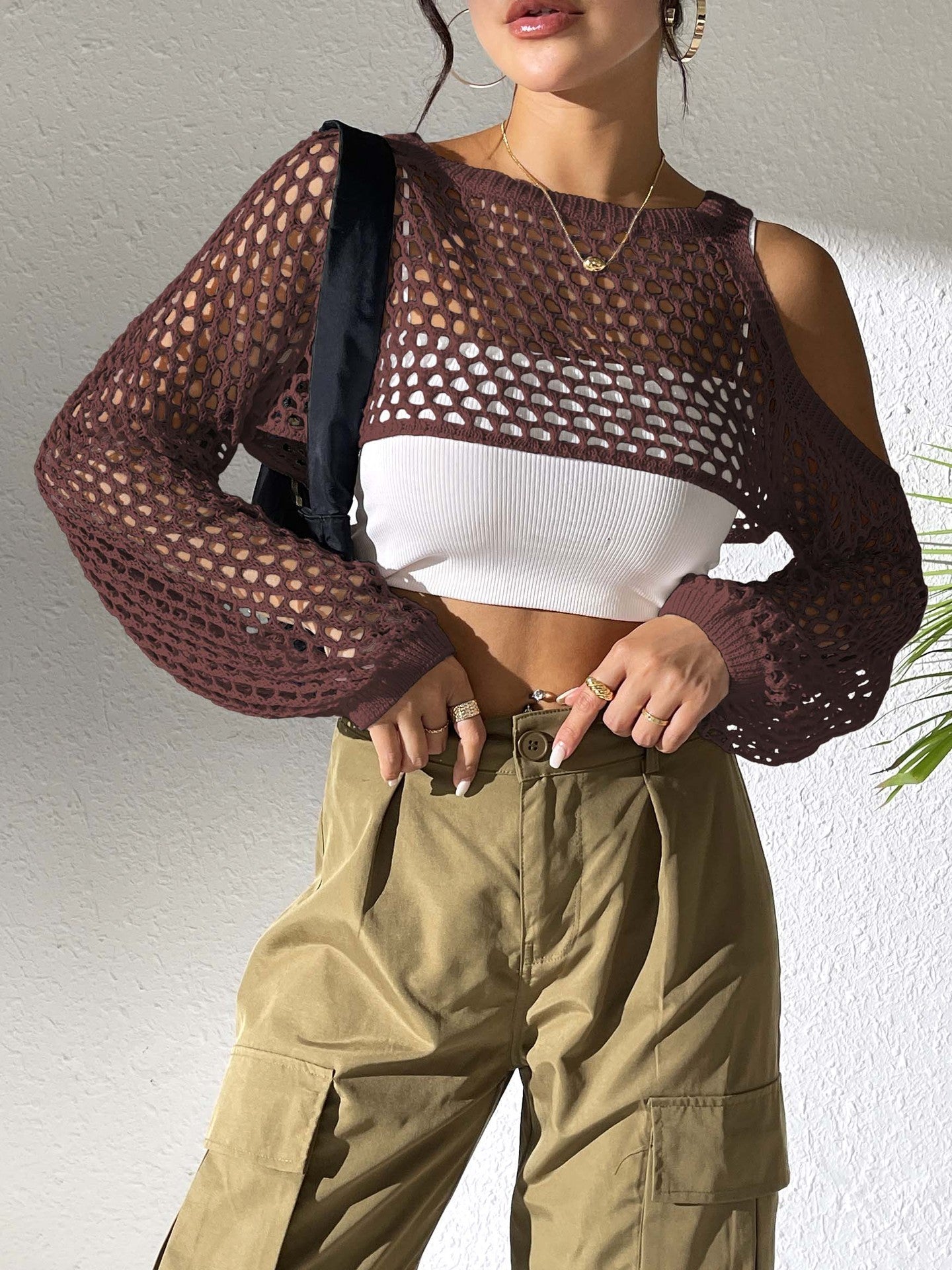 Women Clothing Sexy Cropped Hollow Out Cutout out Woolen Blouse Casual Fashionable Outerwear Bella Mia