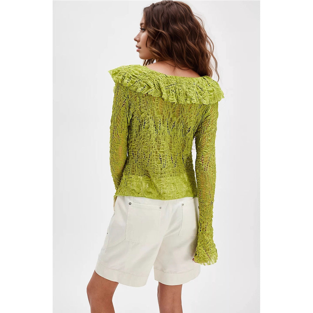 Lace V neck Shirt Women Autumn Ruffles Cardigan Long Sleeve Short Knitted Top Bella Mia