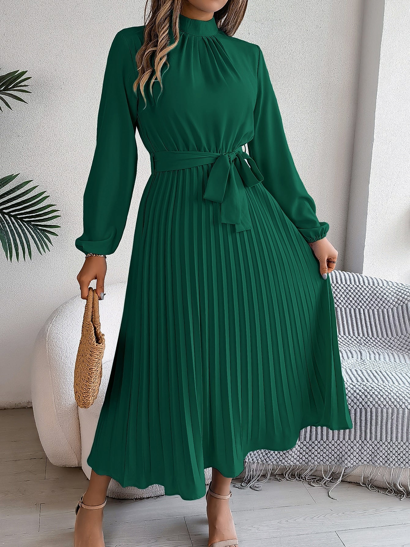 Autumn Winter Elegant Stand Collar Long Sleeve Cinched Pleated Maxi Dress Small Dress Women Clothing Bella Mia