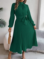 Autumn Winter Elegant Stand Collar Long Sleeve Cinched Pleated Maxi Dress Small Dress Women Clothing Bella Mia