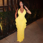 Women Clothing Sleeveless Backless Halter Lace up Bilateral Ruffled Maxi Dress Bella Mia