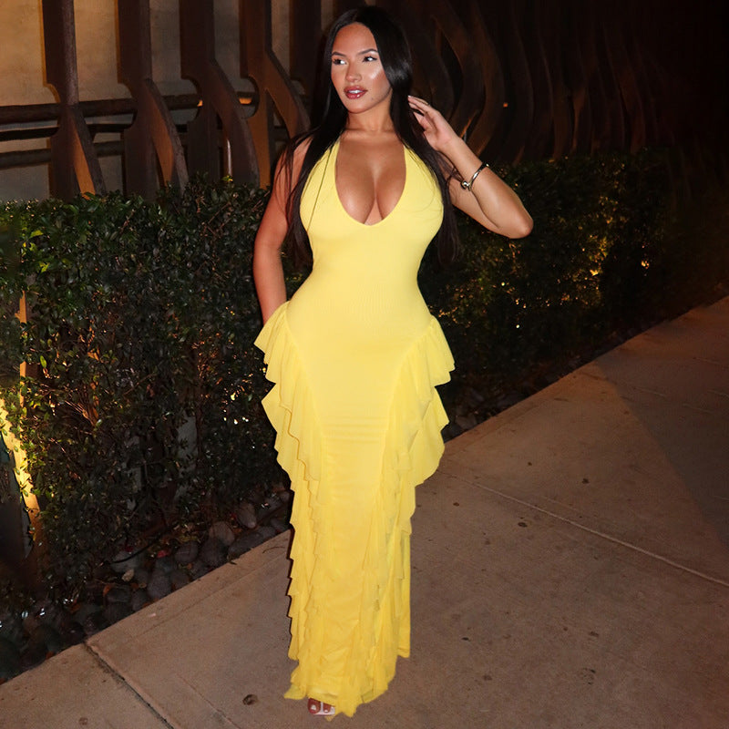 Women Clothing Sleeveless Backless Halter Lace up Bilateral Ruffled Maxi Dress Bella Mia