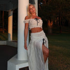 Women Clothing Summer Sexy Vacation off Neck Pleated Top Split Skirt Set Bella Mia