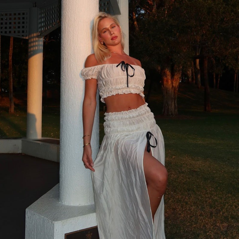 Women Clothing Summer Sexy Vacation off Neck Pleated Top Split Skirt Set Bella Mia