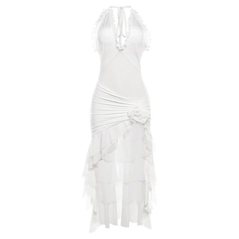 Spring Women Clothing Halter Backless Slim Fit Solid Color Ruffles Dress Bella Mia